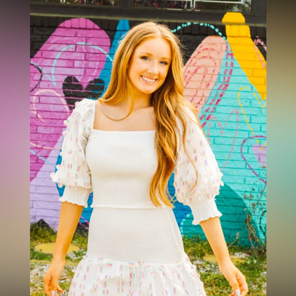 QUEEN OF SPARKLES White Mini Dress with Multicolor Accents